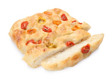 Photo of Cut delicious focaccia with tomatoes isolated on white