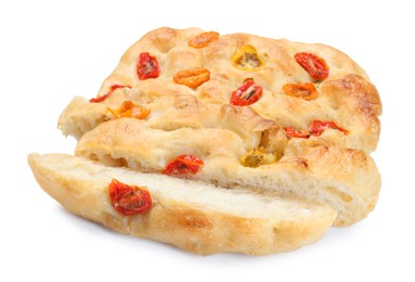 Photo of Cut delicious focaccia with tomatoes isolated on white