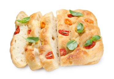 Photo of Cut delicious focaccia with tomatoes and basil isolated on white