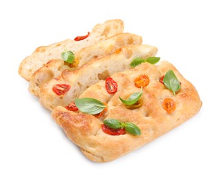 Photo of Cut delicious focaccia with tomatoes and basil isolated on white