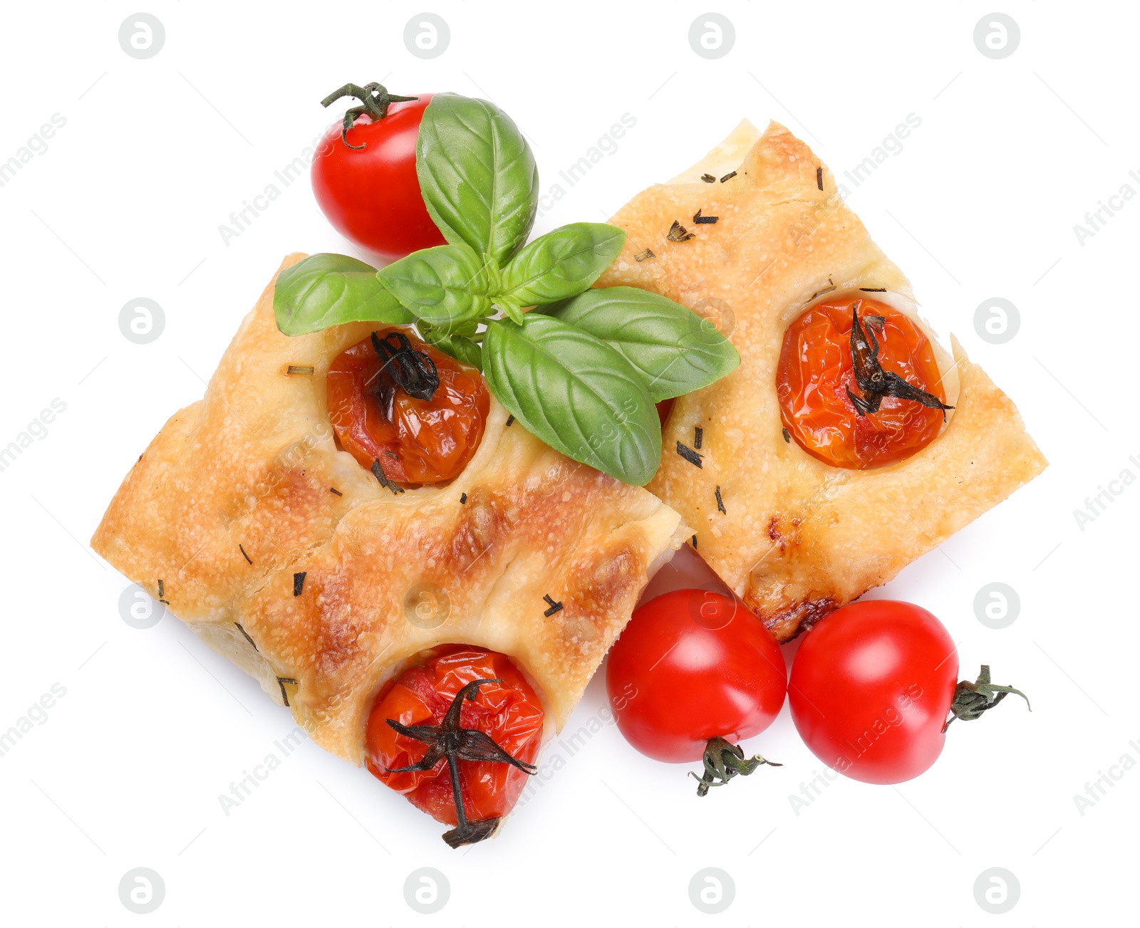 Pieces of delicious focaccia with tomatoes and spices isolated on white, top view Photo of Pieces of delicious focaccia with tomatoes and spices isolated on white, top view