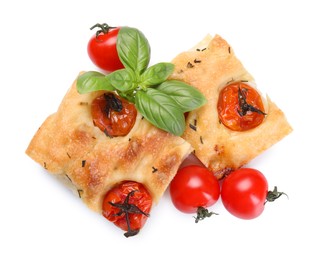 Photo of Pieces of delicious focaccia with tomatoes and spices isolated on white, top view