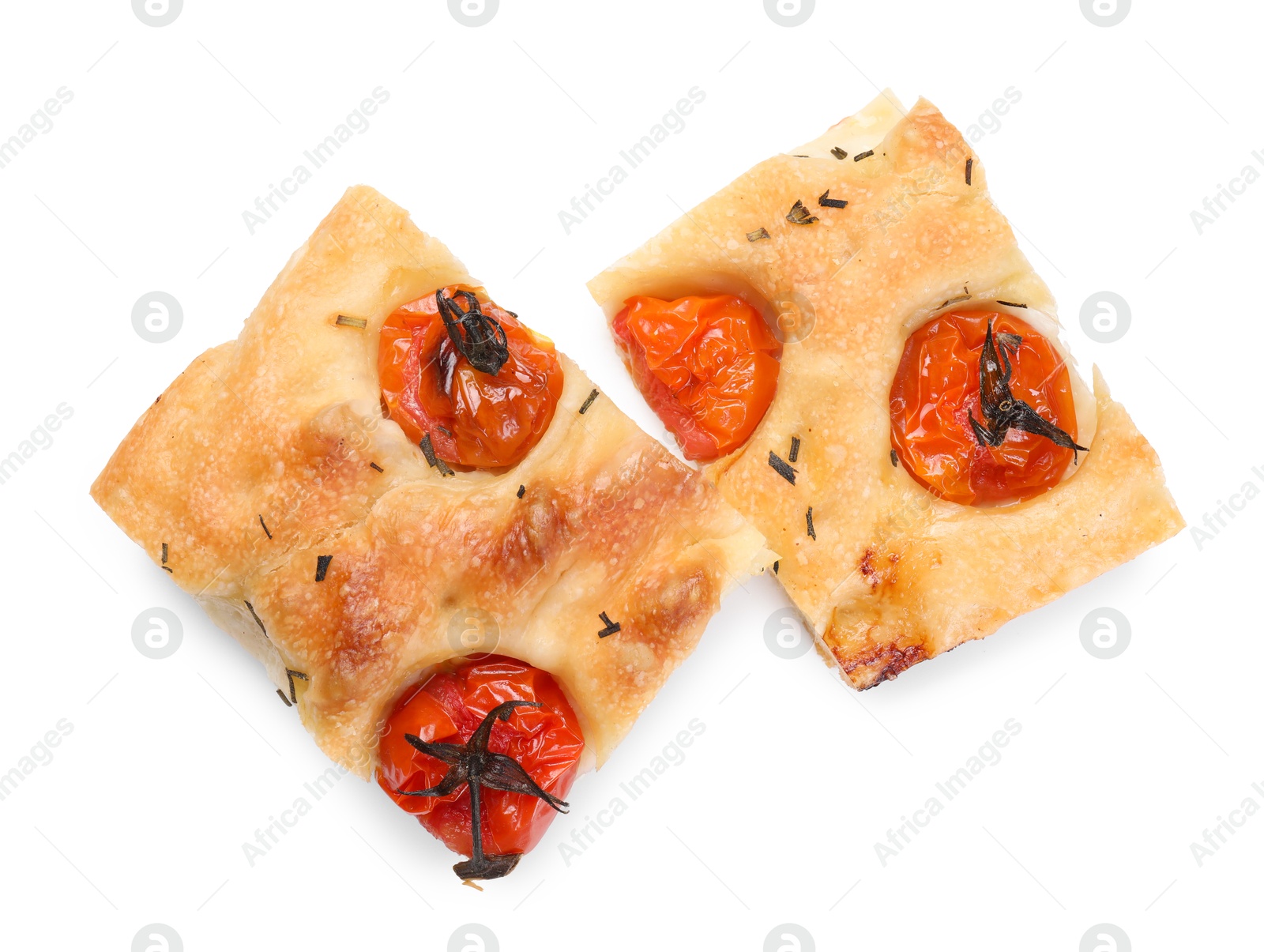 Pieces of delicious focaccia with tomatoes and spices isolated on white, top view Photo of Pieces of delicious focaccia with tomatoes and spices isolated on white, top view