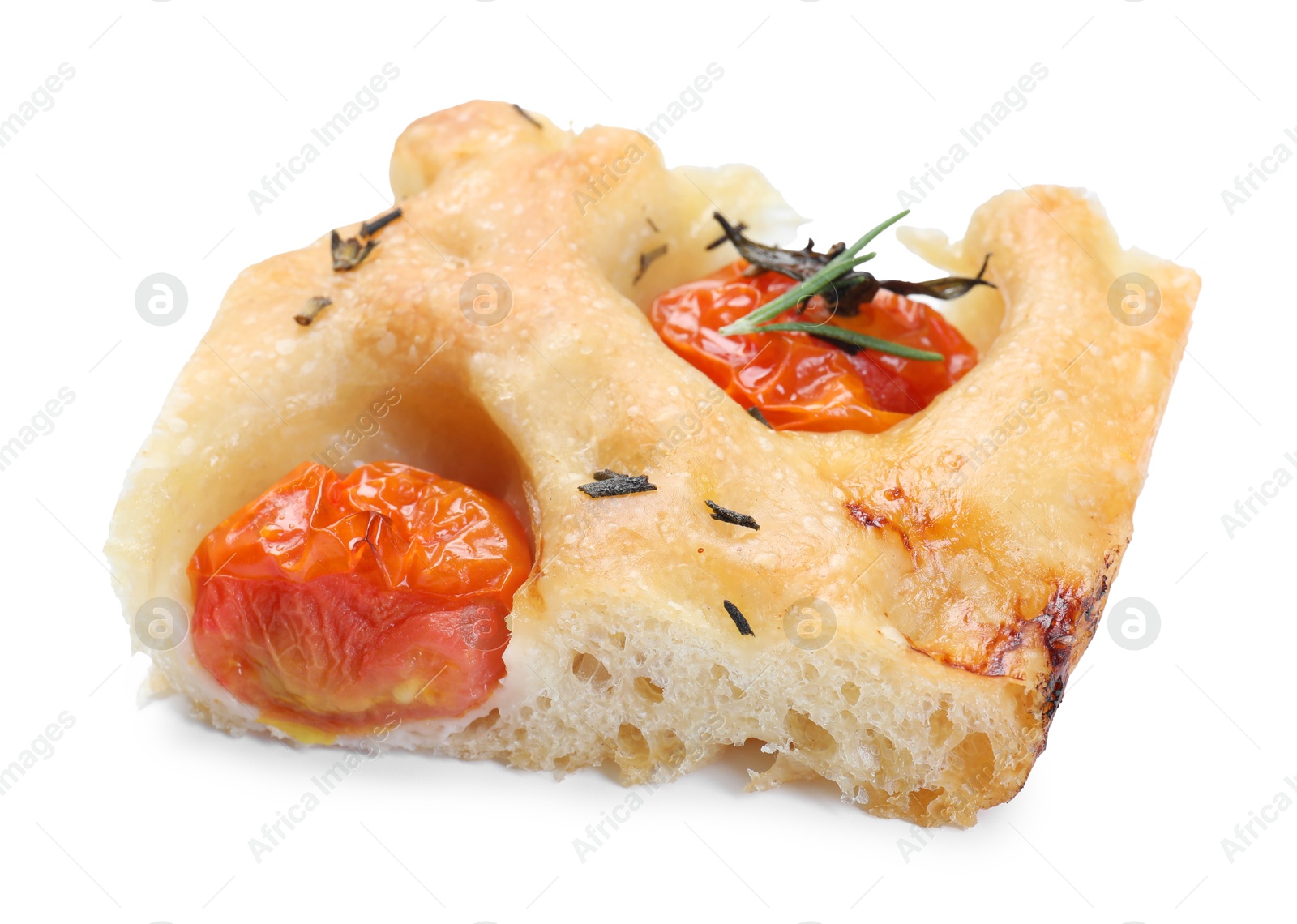 Piece of delicious focaccia with tomatoes and spices isolated on white Photo of Piece of delicious focaccia with tomatoes and spices isolated on white