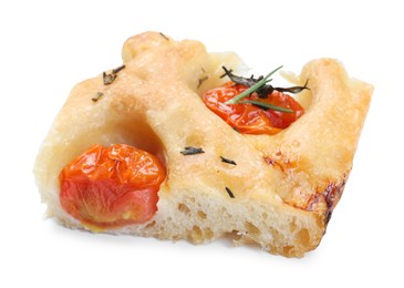 Photo of Piece of delicious focaccia with tomatoes and spices isolated on white