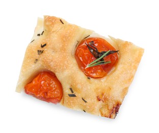 Photo of Piece of delicious focaccia with tomatoes and spices isolated on white, top view