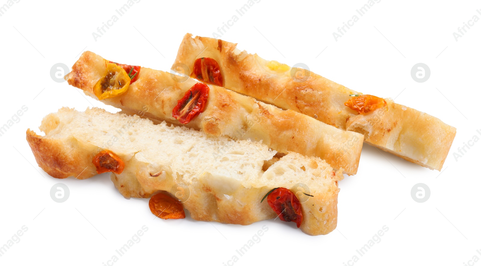 Pieces of delicious focaccia with tomatoes isolated on white Photo of Pieces of delicious focaccia with tomatoes isolated on white