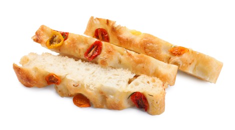 Photo of Pieces of delicious focaccia with tomatoes isolated on white
