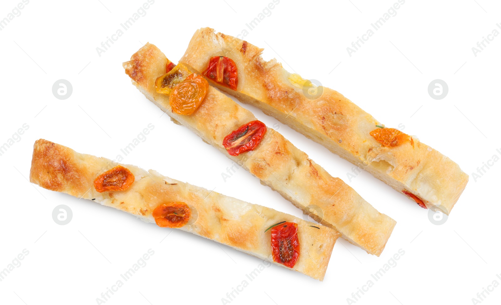 Pieces of delicious focaccia with tomatoes isolated on white, top view Photo of Pieces of delicious focaccia with tomatoes isolated on white, top view