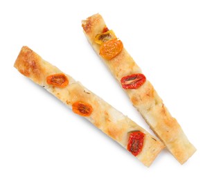 Photo of Pieces of delicious focaccia with tomatoes isolated on white, top view