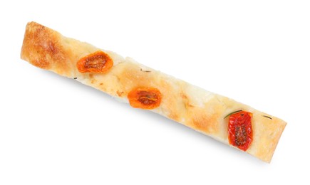 Photo of Piece of delicious focaccia with tomatoes isolated on white, top view
