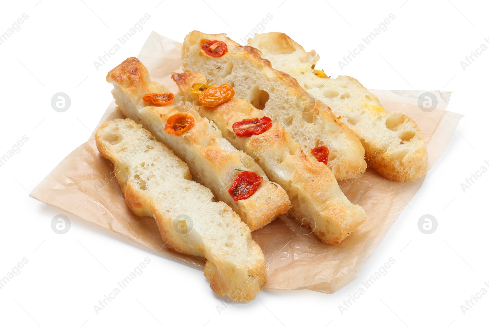 Pieces of delicious focaccia with tomatoes isolated on white Photo of Pieces of delicious focaccia with tomatoes isolated on white