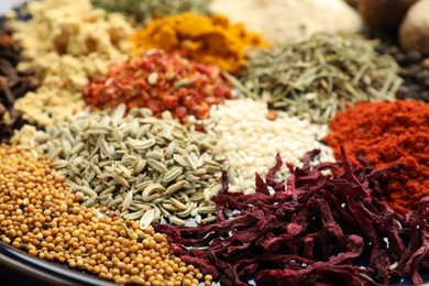 Photo of Many different aromatic spices on plate, closeup
