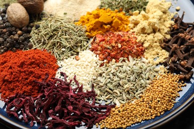 Photo of Many different aromatic spices on plate, closeup