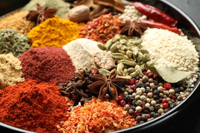 Photo of Many different aromatic spices on plate, closeup