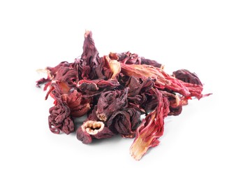 Photo of Hibiscus tea. Heap of dried roselle calyces isolated on white