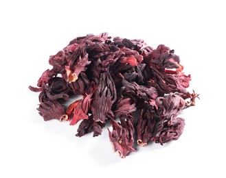 Photo of Hibiscus tea. Heap of dried roselle calyces isolated on white
