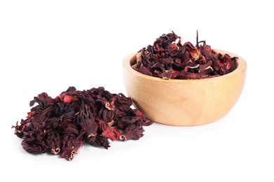 Photo of Hibiscus tea. Bowl with dried roselle calyces isolated on white