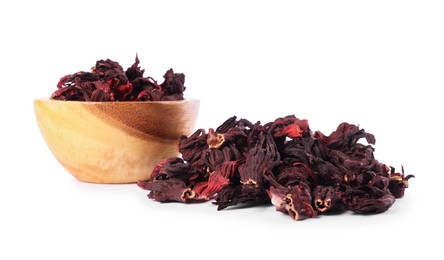 Photo of Hibiscus tea. Bowl with dried roselle calyces isolated on white