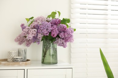 Photo of Beautiful lilac flowers in vase and other decor on cabinet indoors