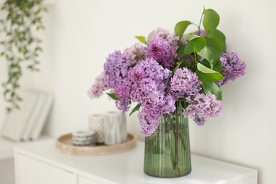 Photo of Beautiful lilac flowers in vase and other decor on cabinet indoors, space for text