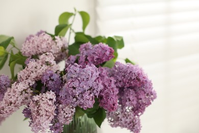 Photo of Beautiful lilac flowers in vase indoors, closeup