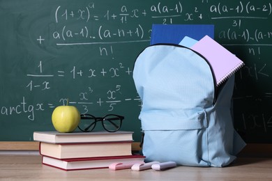 Photo of Backpack and books on wooden table near blackboard with formulas