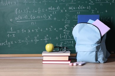Photo of Backpack and books on wooden table near blackboard with formulas, space for text