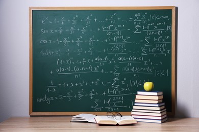 Photo of Books, glasses and apple on wooden table near blackboard with formulas