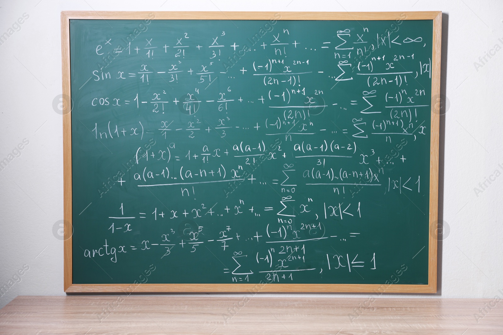 Different formulas written with chalk on blackboard on light grey wall near wooden table Photo of Different formulas written with chalk on blackboard on light grey wall near wooden table