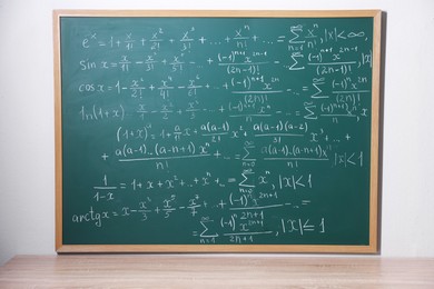 Photo of Different formulas written with chalk on blackboard on light grey wall near wooden table