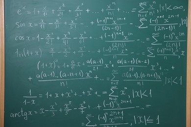 Photo of Different formulas written with chalk on blackboard