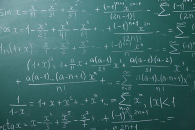 Photo of Different formulas written with chalk on blackboard