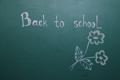 Photo of Phrase Back To School and flowers on blackboard