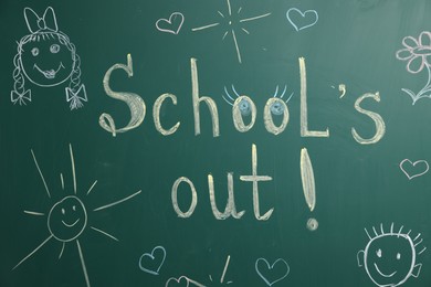 Photo of Phrase School's Out with exclamation mark and different drawings on blackboard