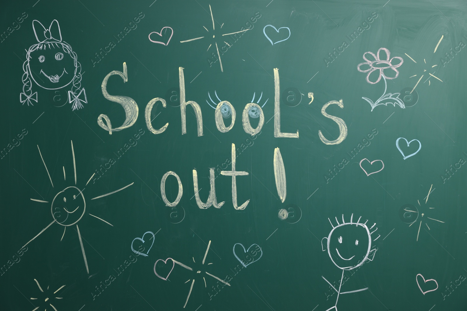 Phrase School's Out with exclamation mark and different drawings on blackboard Photo of Phrase School's Out with exclamation mark and different drawings on blackboard