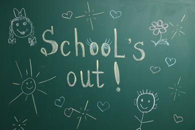 Photo of Phrase School's Out with exclamation mark and different drawings on blackboard