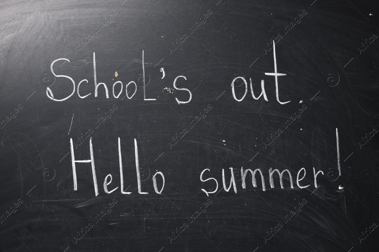 Phrases School's Out and Hello Summer with exclamation mark on blackboard Photo of Phrases School's Out and Hello Summer with exclamation mark on blackboard