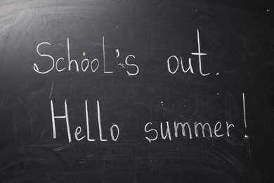 Photo of Phrases School's Out and Hello Summer with exclamation mark on blackboard
