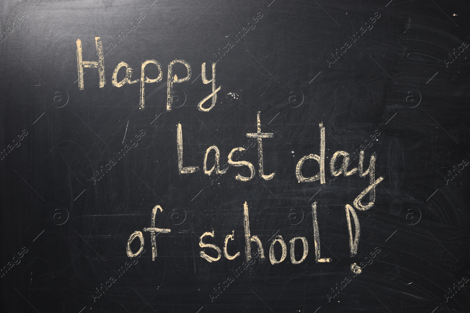 Phrase Happy Last Day of School with exclamation mark on blackboard Photo of Phrase Happy Last Day of School with exclamation mark on blackboard