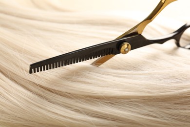 Photo of Hair lock and scissors on beige background, closeup