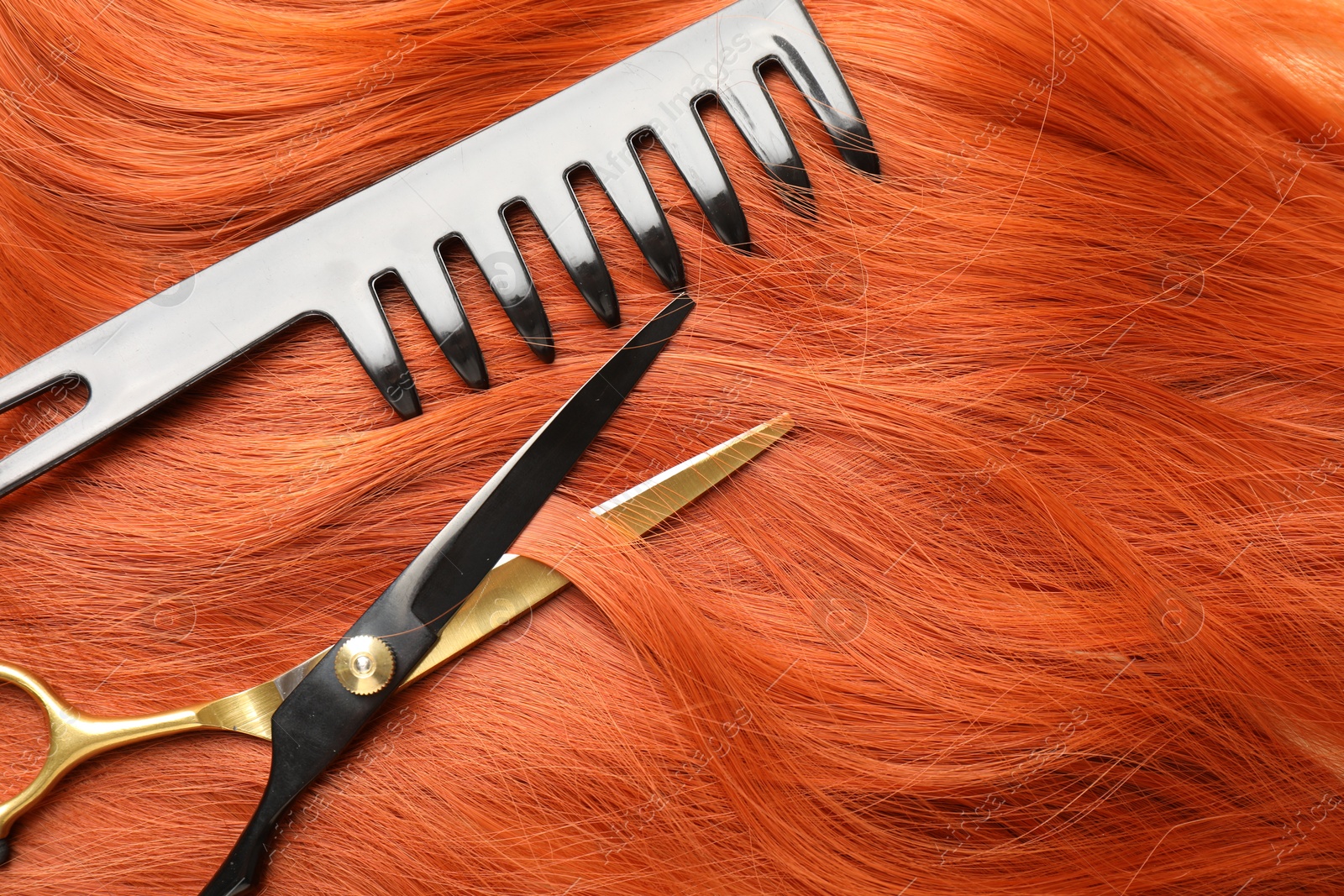 Scissors and comb on hair lock, flat lay. Space for text Photo of Scissors and comb on hair lock, flat lay. Space for text