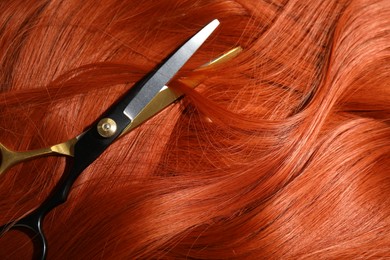 Photo of Scissors on red hair lock, top view