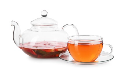 Photo of Aromatic fruit tea with strawberries and mint isolated on white