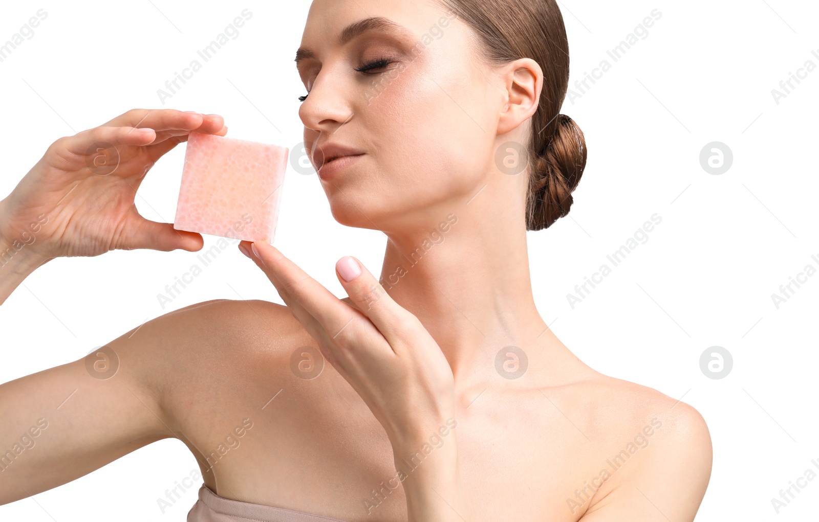 Beautiful woman with soap bar on white background, closeup Photo of Beautiful woman with soap bar on white background, closeup