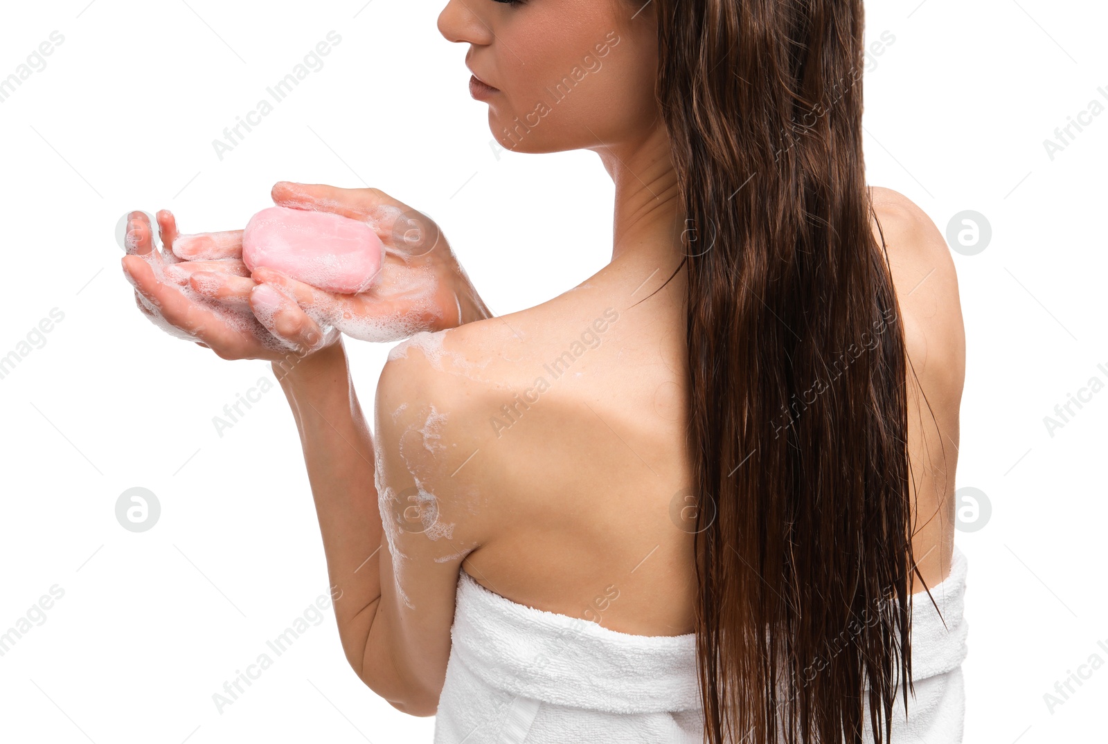 Woman with foaming soap bar on white background, closeup Photo of Woman with foaming soap bar on white background, closeup