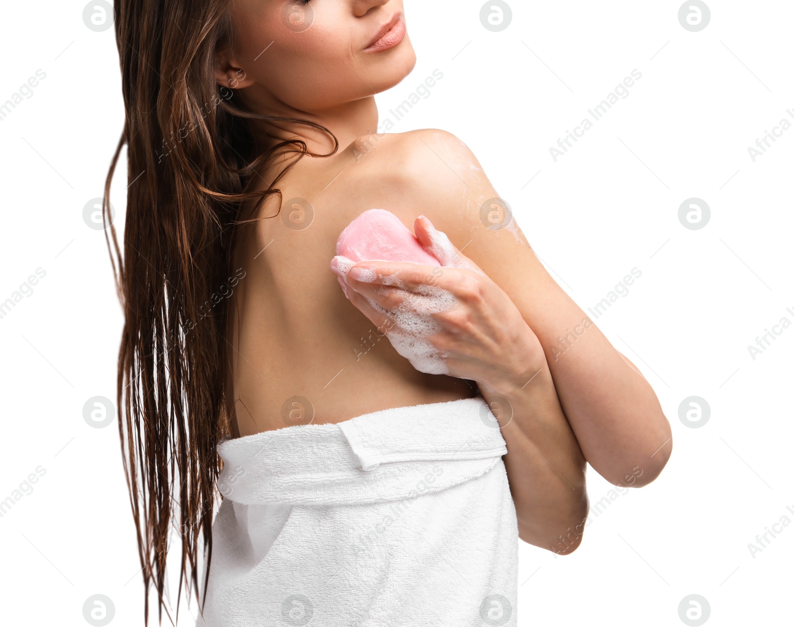 Woman washing body with soap bar on white background, closeup Photo of Woman washing body with soap bar on white background, closeup