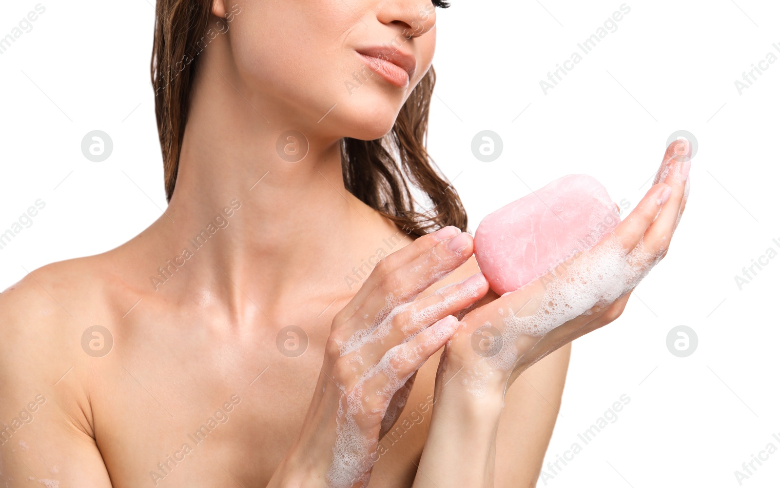 Woman with foaming soap bar on white background, closeup Photo of Woman with foaming soap bar on white background, closeup
