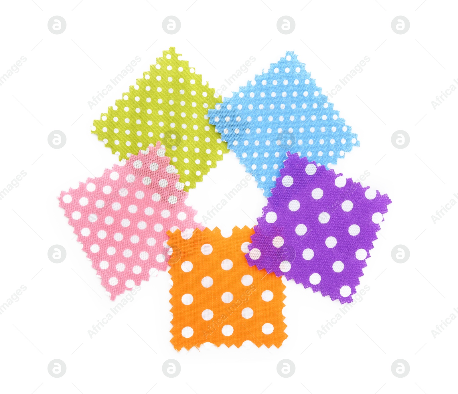 Samples of fabrics with polka dot pattern isolated on white, top view Photo of Samples of fabrics with polka dot pattern isolated on white, top view