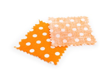 Photo of Samples of fabrics with polka dot pattern isolated on white